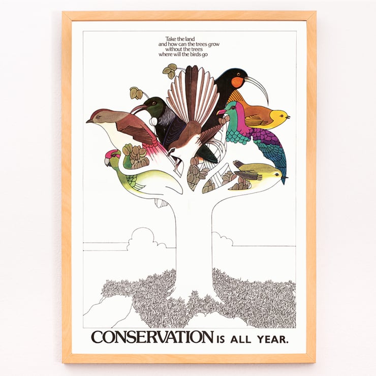 Illustration of colorful birds on a tree by US Information Agency Conservation is All Year Poster featuring colorful birds on a tree with conservation message titled Conservation is All Year by US Information Agency.