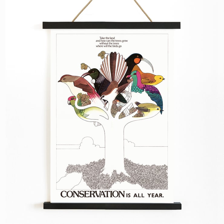 Illustration of colorful birds on a tree by US Information Agency Conservation is All Year Poster featuring colorful birds on a tree with conservation message titled Conservation is All Year by US Information Agency.
