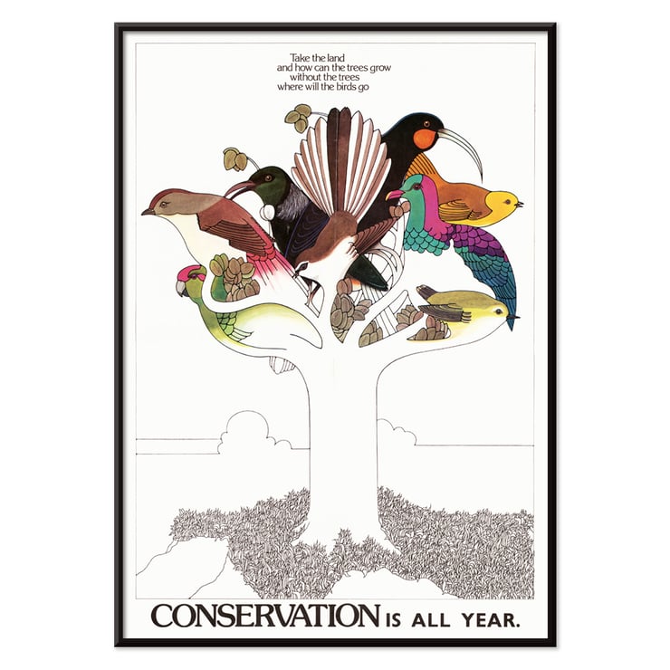 Illustration of colorful birds on a tree by US Information Agency Conservation is All Year Poster featuring colorful birds on a tree with conservation message titled Conservation is All Year by US Information Agency.