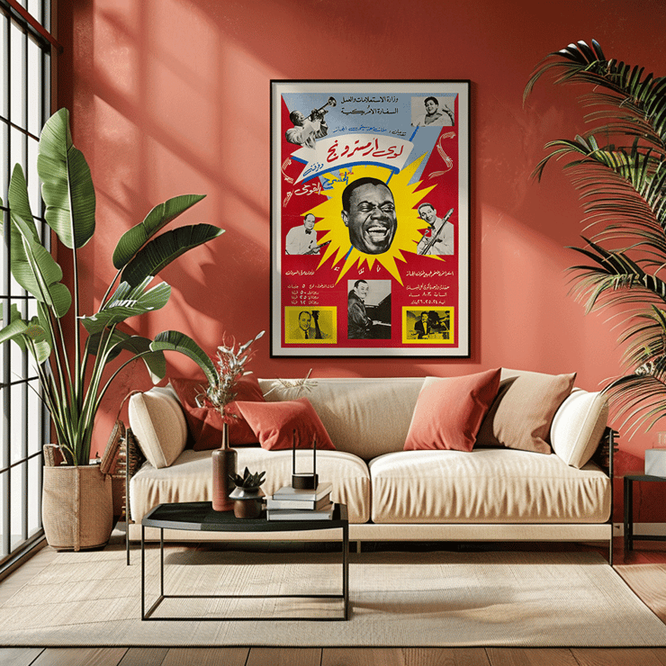 Colorful poster featuring jazz legends Louis Armstrong Dizzie Gillespie Mahalia Jackson and Count Basie by US Information Agency. Poster featuring Louis Armstrong Dizzie Gillespie Mahalia Jackson Count Basie by US Information Agency with vibrant colors