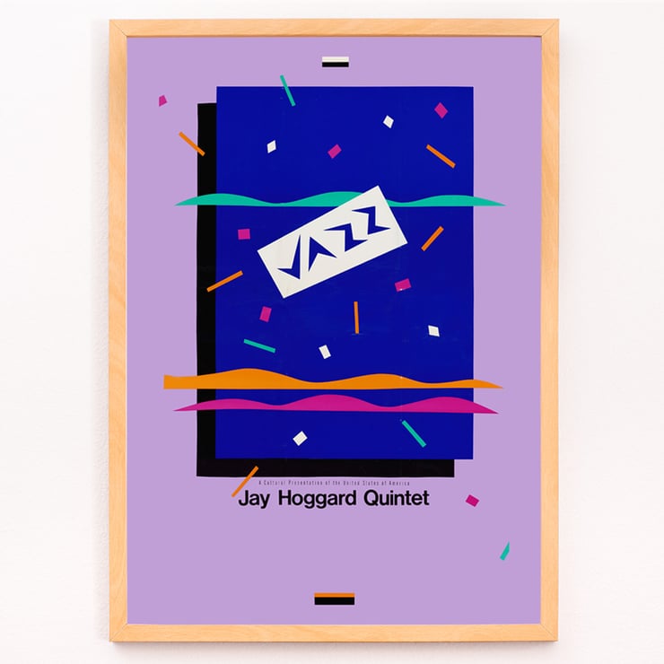 Colorful poster featuring Jazz Jay Hoggard Quintet artwork. Poster with abstract design and text Jazz Jay Hoggard Quintet showcasing vibrant colors and geometric shapes.