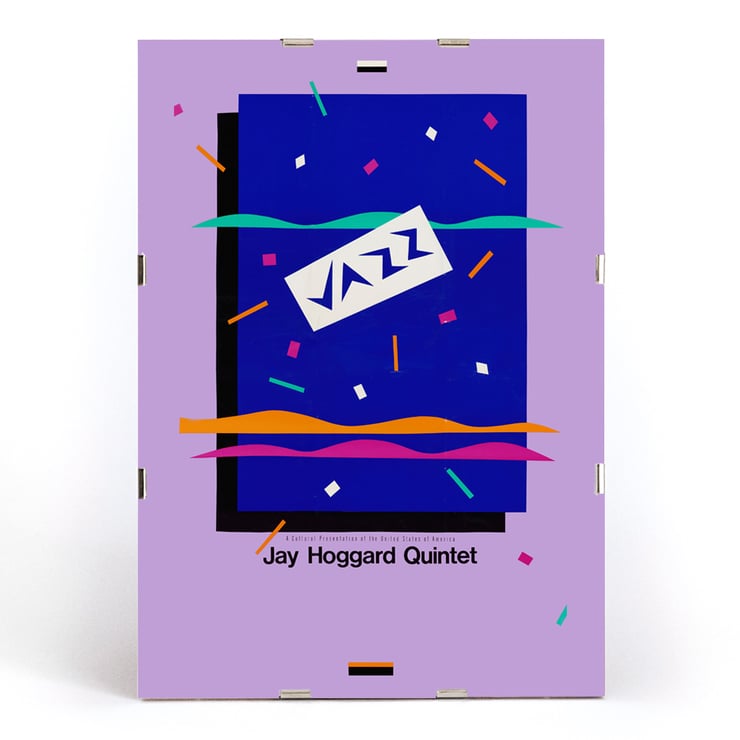 Colorful poster featuring Jazz Jay Hoggard Quintet artwork. Poster with abstract design and text Jazz Jay Hoggard Quintet showcasing vibrant colors and geometric shapes.