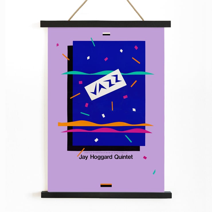 Colorful poster featuring Jazz Jay Hoggard Quintet artwork. Poster with abstract design and text Jazz Jay Hoggard Quintet showcasing vibrant colors and geometric shapes.