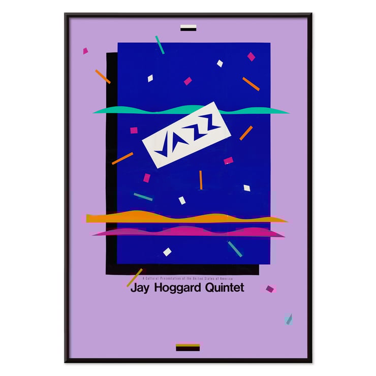 Colorful poster featuring Jazz Jay Hoggard Quintet artwork. Poster with abstract design and text Jazz Jay Hoggard Quintet showcasing vibrant colors and geometric shapes.