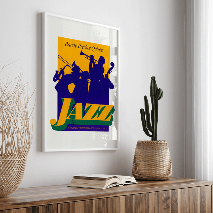 Randy Brecker Quintet jazz artwork by U.S. Information Agency featuring musicians playing instruments. Poster of Jazz by Randy Brecker Quintet featuring silhouetted musicians showcasing cultural art from US Information Agency.