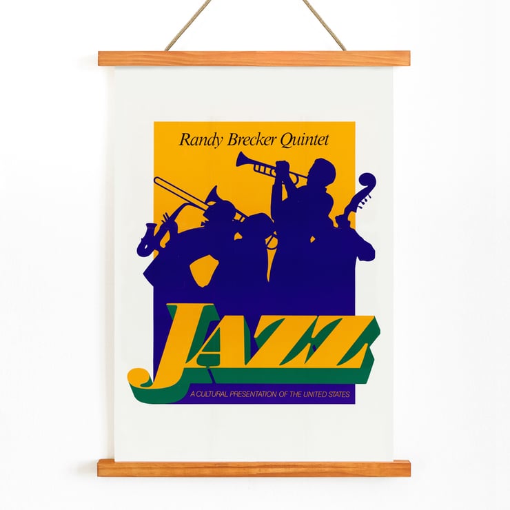 Randy Brecker Quintet jazz artwork by U.S. Information Agency featuring musicians playing instruments. Poster of Jazz by Randy Brecker Quintet featuring silhouetted musicians showcasing cultural art from US Information Agency.