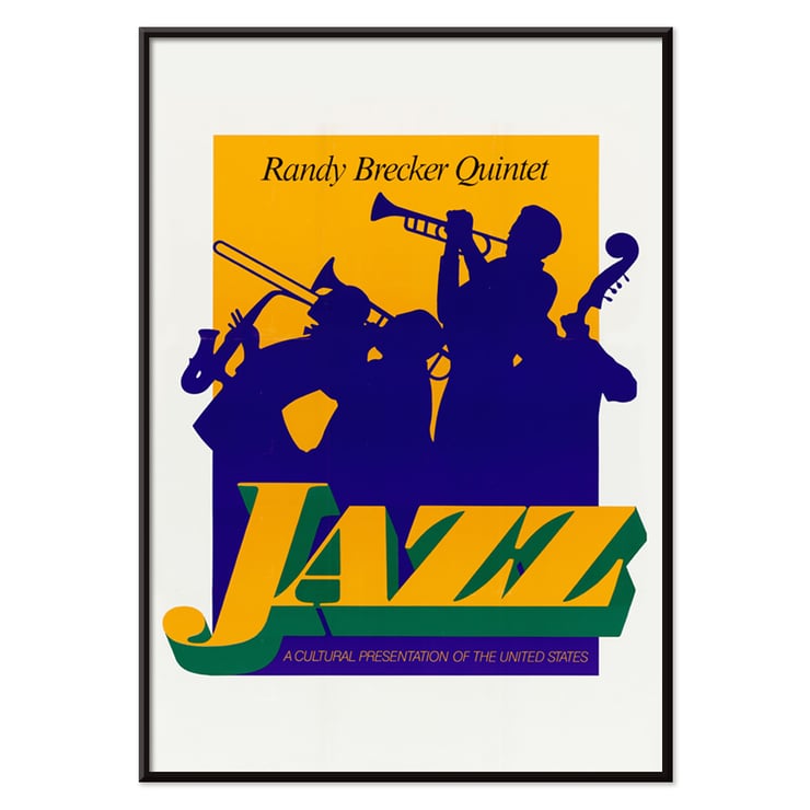 Randy Brecker Quintet jazz artwork by U.S. Information Agency featuring musicians playing instruments. Poster of Jazz by Randy Brecker Quintet featuring silhouetted musicians showcasing cultural art from US Information Agency.