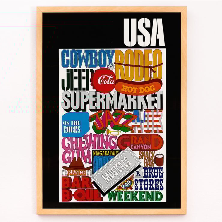 Colorful pop art featuring USA text and American cultural icons by U.S. Information Agency. Poster featuring vibrant American cultural symbols and words by U.S. Information Agency titled USA.