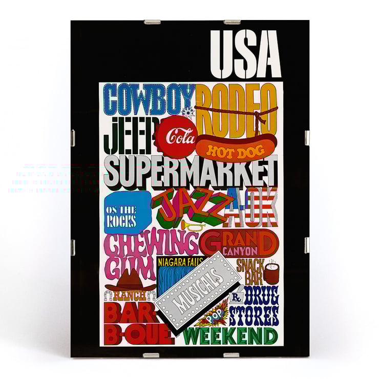 Colorful pop art featuring USA text and American cultural icons by U.S. Information Agency. Poster featuring vibrant American cultural symbols and words by U.S. Information Agency titled USA.