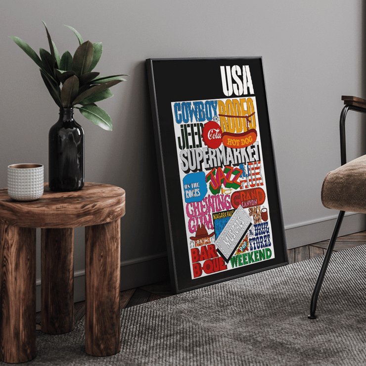 Colorful pop art featuring USA text and American cultural icons by U.S. Information Agency. Poster featuring vibrant American cultural symbols and words by U.S. Information Agency titled USA.