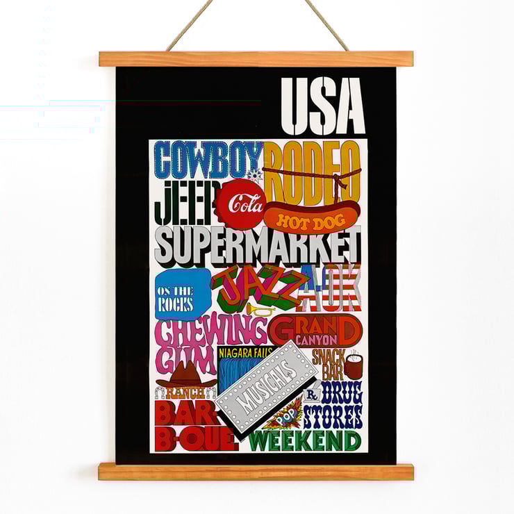 Colorful pop art featuring USA text and American cultural icons by U.S. Information Agency. Poster featuring vibrant American cultural symbols and words by U.S. Information Agency titled USA.