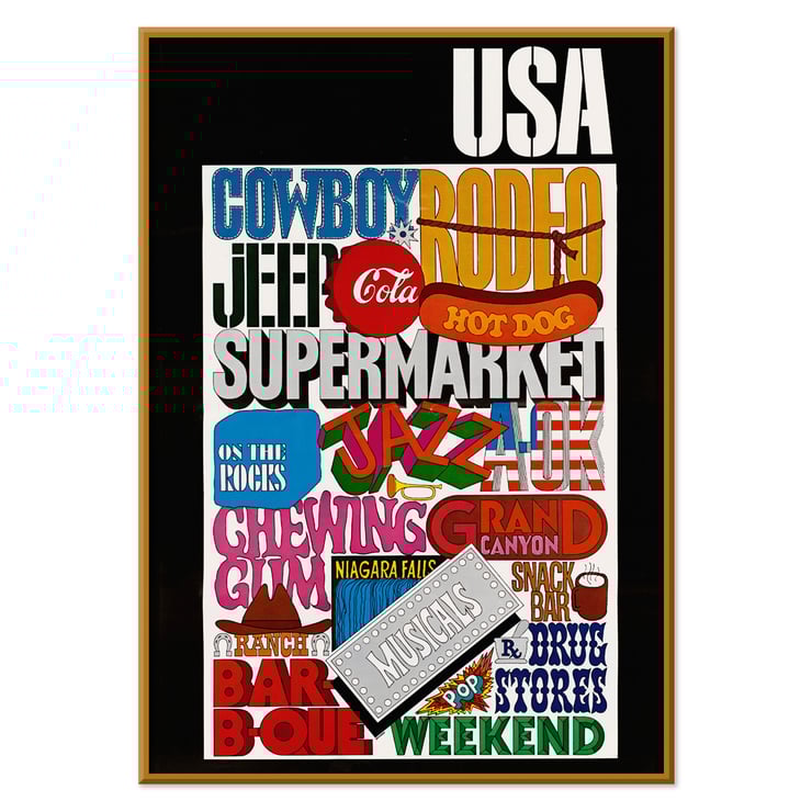 Colorful pop art featuring USA text and American cultural icons by U.S. Information Agency. Poster featuring vibrant American cultural symbols and words by U.S. Information Agency titled USA.