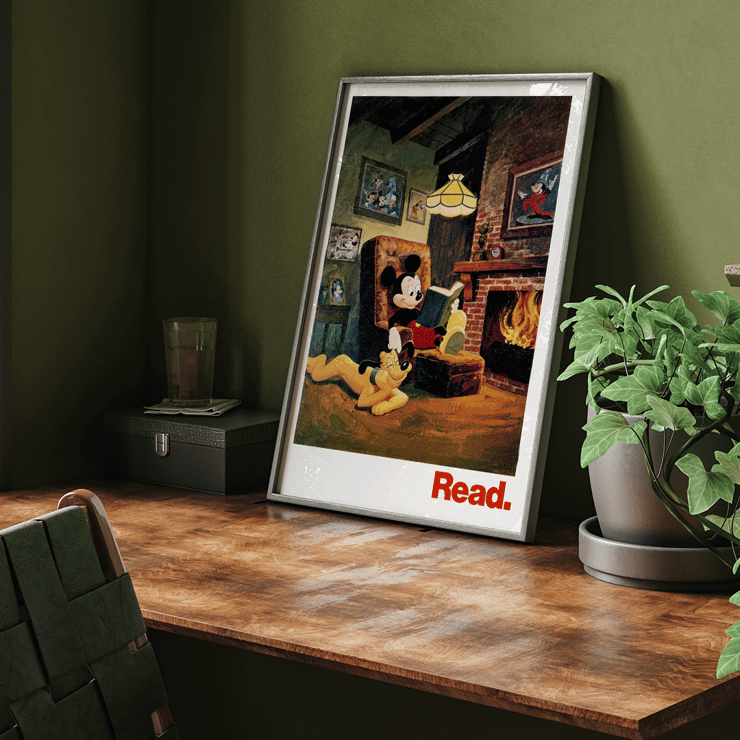 Mickey Mouse reading by the fireplace Read by American Library Association U.S. Information Agency Poster featuring Mickey Mouse reading by the fireplace with Pluto titled Read American Library Association by US Information Agency
