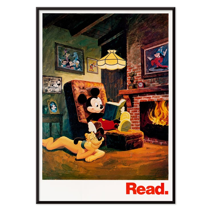 Mickey Mouse reading by the fireplace Read by American Library Association U.S. Information Agency Poster featuring Mickey Mouse reading by the fireplace with Pluto titled Read American Library Association by US Information Agency