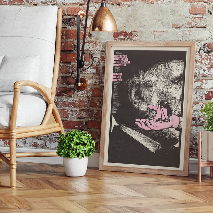 A surreal illustration by Lanny Sommese titled The tsar has his photograph taken. Poster art features a giant ear with a photographer on a hand in The tsar has his photograph taken by Lanny Sommese.