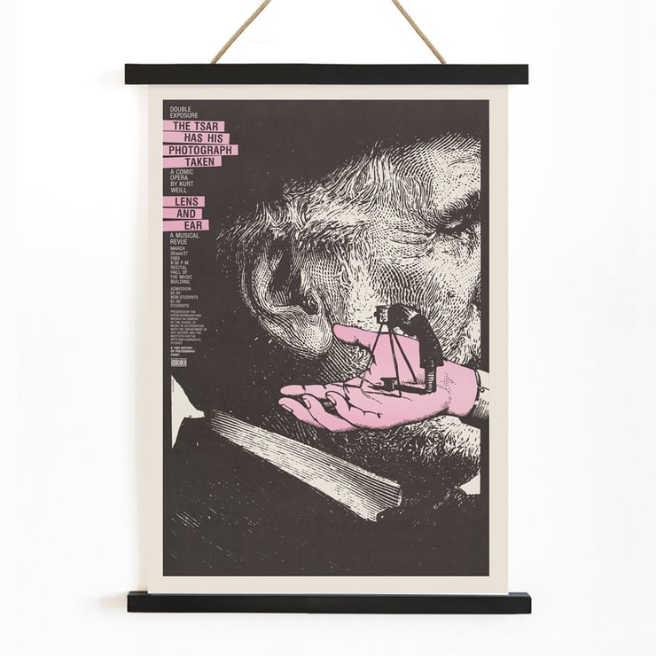 A surreal illustration by Lanny Sommese titled The tsar has his photograph taken. Poster art features a giant ear with a photographer on a hand in The tsar has his photograph taken by Lanny Sommese.