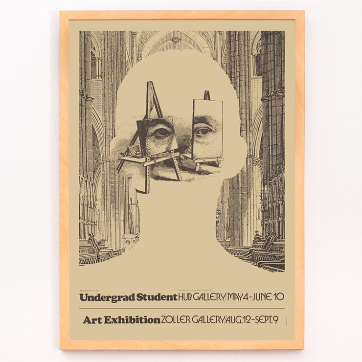 Undergrad student art exhibition poster by Lanny Sommese featuring a surreal silhouette with easels and a cathedral backdrop. Poster showcasing surreal artwork featuring a face and easels in a cathedral setting by Lanny Sommese. Art exhibition.