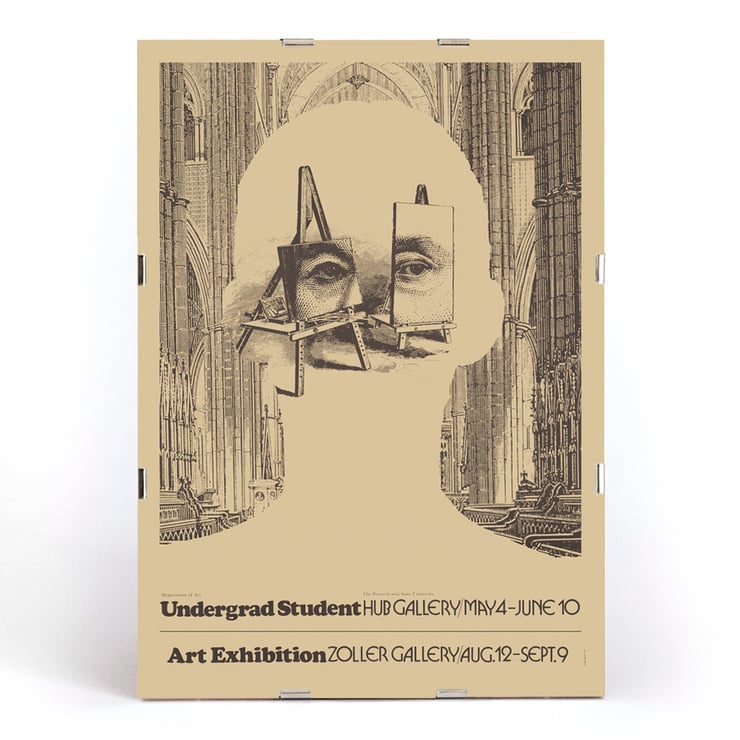Undergrad student art exhibition poster by Lanny Sommese featuring a surreal silhouette with easels and a cathedral backdrop. Poster showcasing surreal artwork featuring a face and easels in a cathedral setting by Lanny Sommese. Art exhibition.