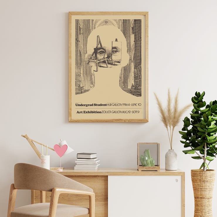 Undergrad student art exhibition poster by Lanny Sommese featuring a surreal silhouette with easels and a cathedral backdrop. Poster showcasing surreal artwork featuring a face and easels in a cathedral setting by Lanny Sommese. Art exhibition.