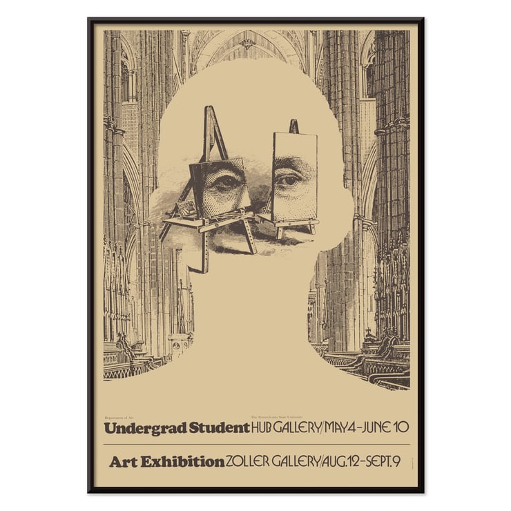 Undergrad student art exhibition poster by Lanny Sommese featuring a surreal silhouette with easels and a cathedral backdrop. Poster showcasing surreal artwork featuring a face and easels in a cathedral setting by Lanny Sommese. Art exhibition.