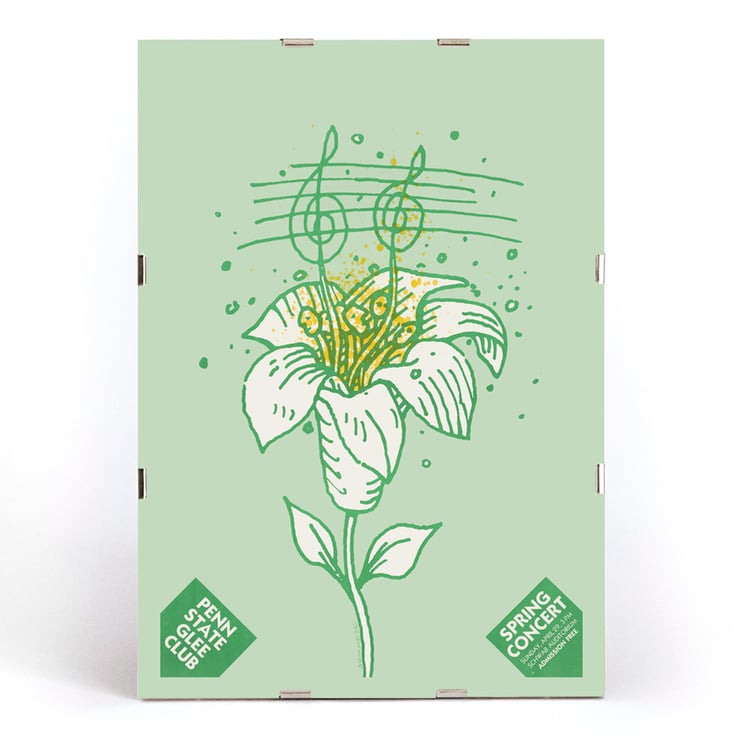 Illustration of a musical flower by Lanny Sommese titled Penn State glee club spring concert. Poster with musical notes on a flower stem by Lanny Sommese promoting Penn State glee club spring concert.
