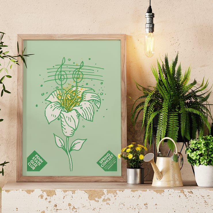 Illustration of a musical flower by Lanny Sommese titled Penn State glee club spring concert. Poster with musical notes on a flower stem by Lanny Sommese promoting Penn State glee club spring concert.
