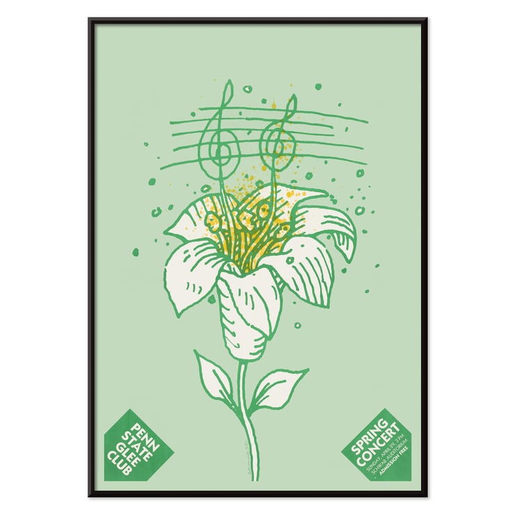 Illustration of a musical flower by Lanny Sommese titled Penn State glee club spring concert. Poster with musical notes on a flower stem by Lanny Sommese promoting Penn State glee club spring concert.