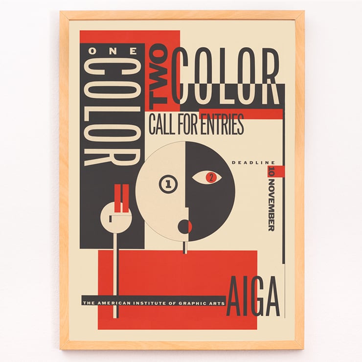 AIGA poster artwork by Michael Mabry titled One color – two color – call for entry. Poster featuring bold geometric design and typography titled One color – two color – call for entry by Michael Mabry for AIGA.