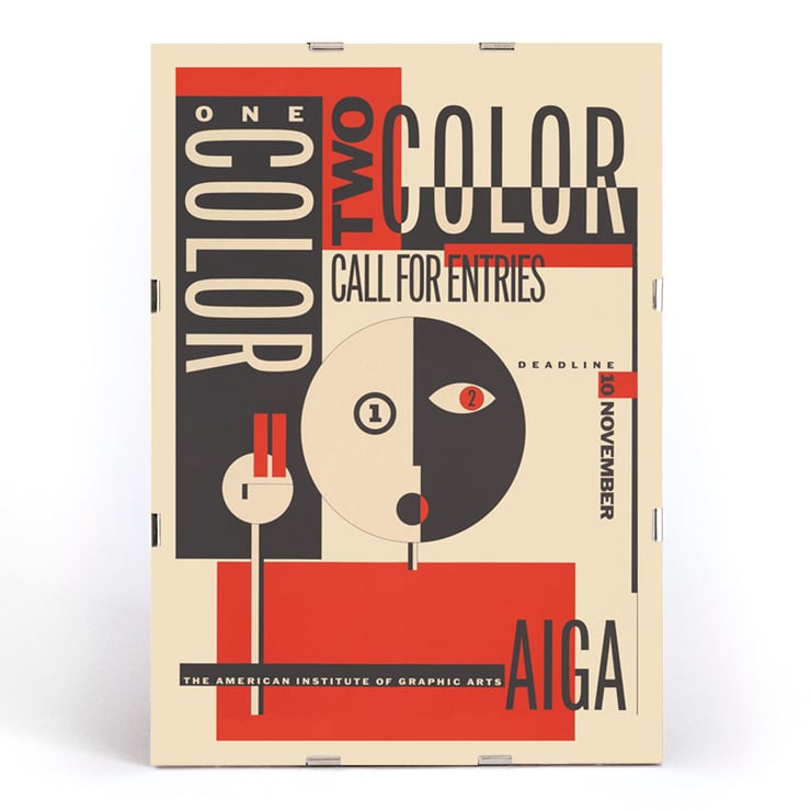 AIGA poster artwork by Michael Mabry titled One color – two color – call for entry. Poster featuring bold geometric design and typography titled One color – two color – call for entry by Michael Mabry for AIGA.