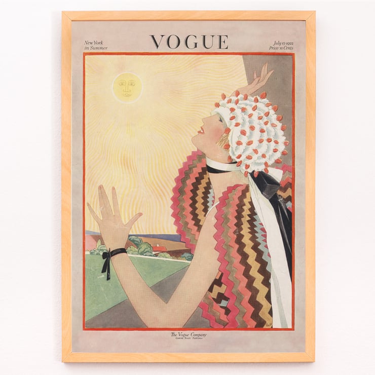Woman in colorful attire reaching for the sun Vogue by George Plank Art Deco Vogue poster illustrating a woman gazing at the sun in vibrant attire by George Plank titled Vogue by George Plank