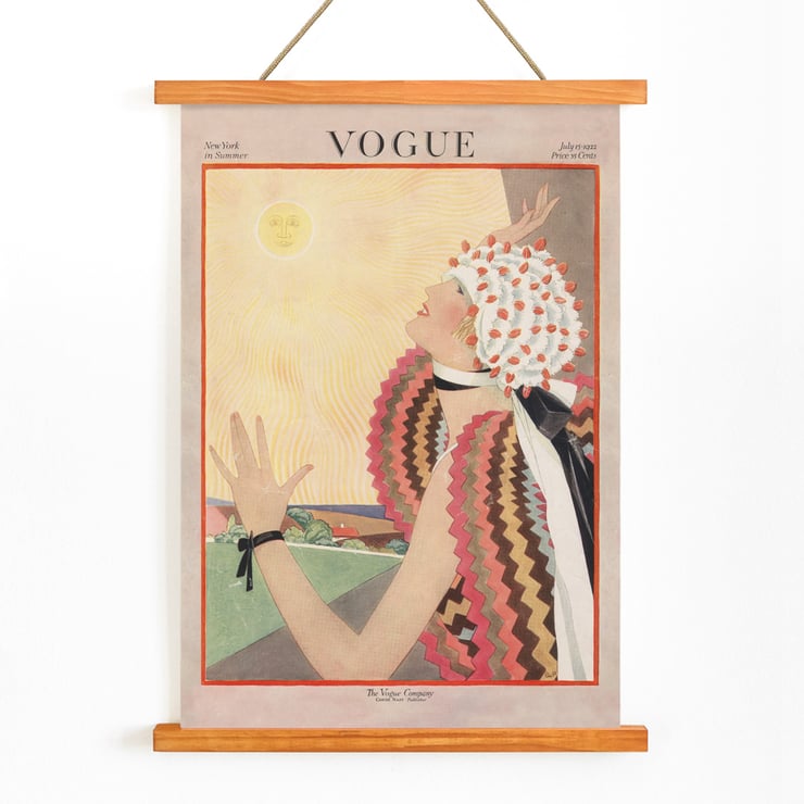 Woman in colorful attire reaching for the sun Vogue by George Plank Art Deco Vogue poster illustrating a woman gazing at the sun in vibrant attire by George Plank titled Vogue by George Plank