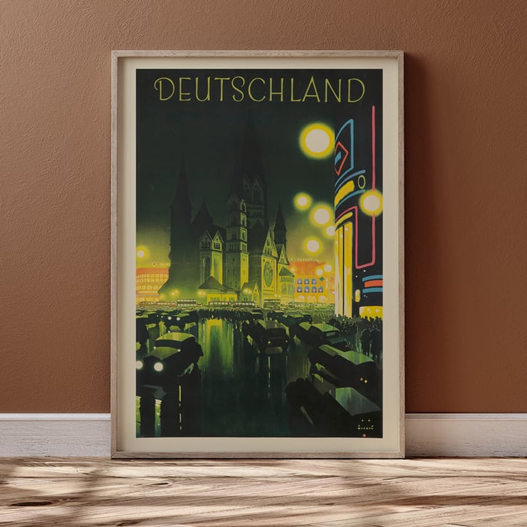 Deutschland by Jupp Wiertz vibrant cityscape with illuminated cathedral and streetlights Poster by Jupp Wiertz showing a nighttime cityscape with illuminated buildings and cars in Deutschland