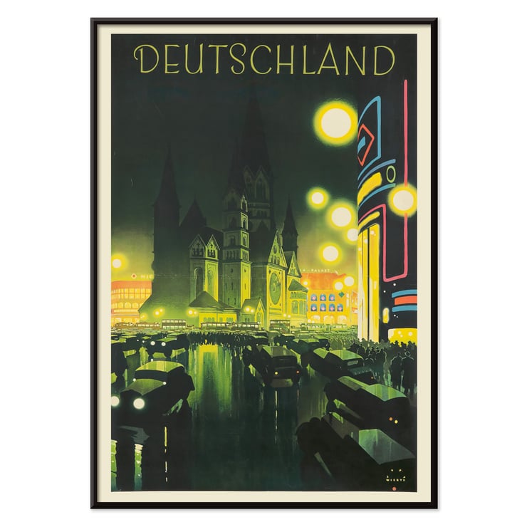 Deutschland by Jupp Wiertz vibrant cityscape with illuminated cathedral and streetlights Poster by Jupp Wiertz showing a nighttime cityscape with illuminated buildings and cars in Deutschland
