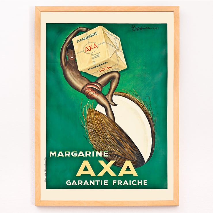 Margarine Axa by Leonetto Cappiello features a vibrant advertisement poster with a figure holding a large cube of margarine against a green background. Poster of Margarine Axa by Leonetto Cappiello featuring a person holding a large cube of Axa margarine on a green background.