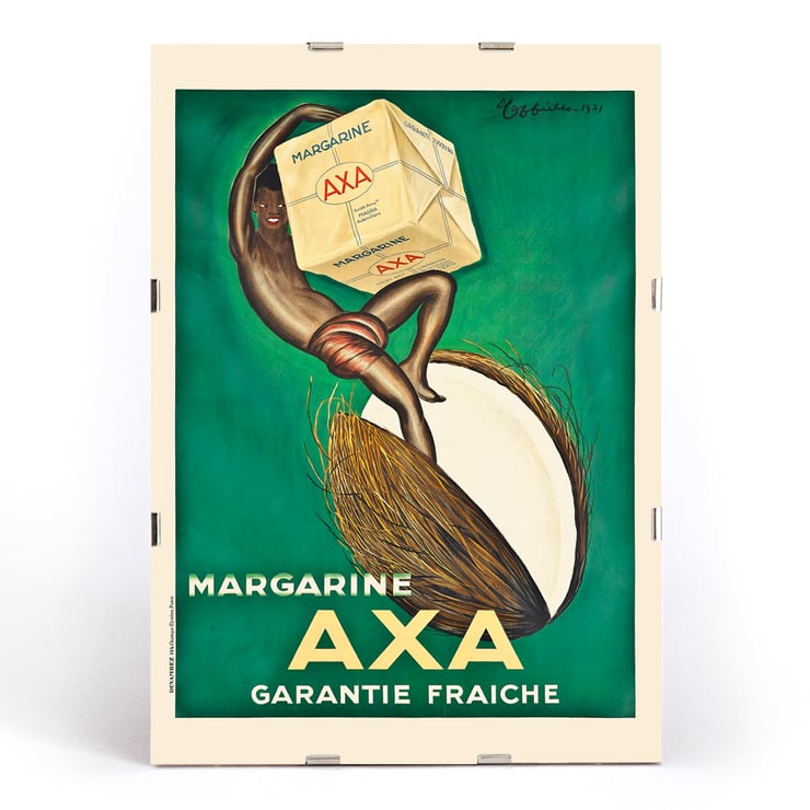 Margarine Axa by Leonetto Cappiello features a vibrant advertisement poster with a figure holding a large cube of margarine against a green background. Poster of Margarine Axa by Leonetto Cappiello featuring a person holding a large cube of Axa margarine on a green background.