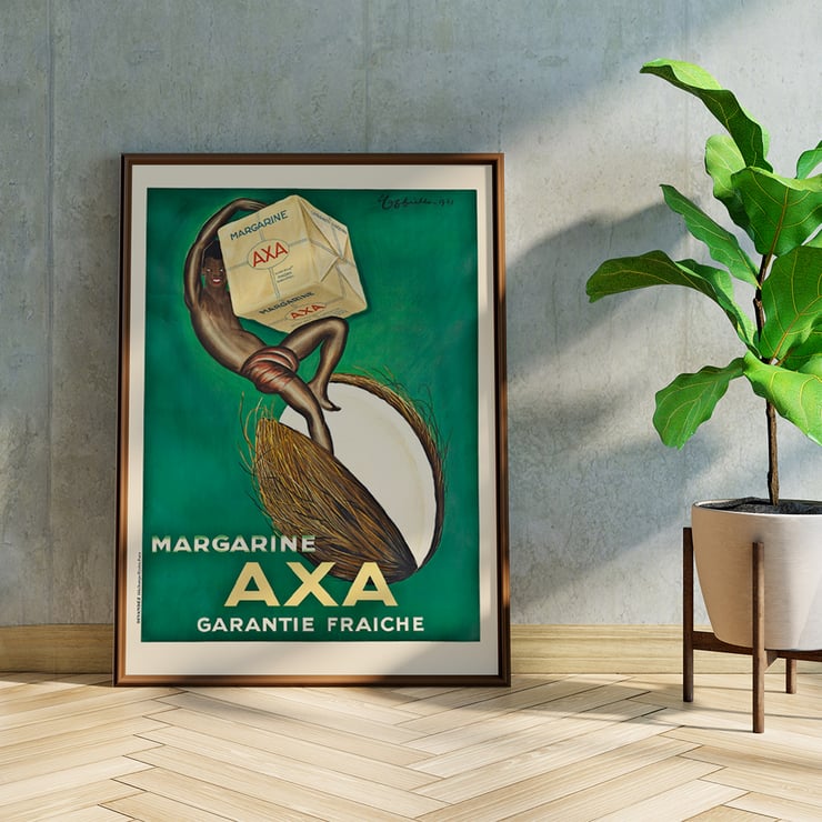 Margarine Axa by Leonetto Cappiello features a vibrant advertisement poster with a figure holding a large cube of margarine against a green background. Poster of Margarine Axa by Leonetto Cappiello featuring a person holding a large cube of Axa margarine on a green background.