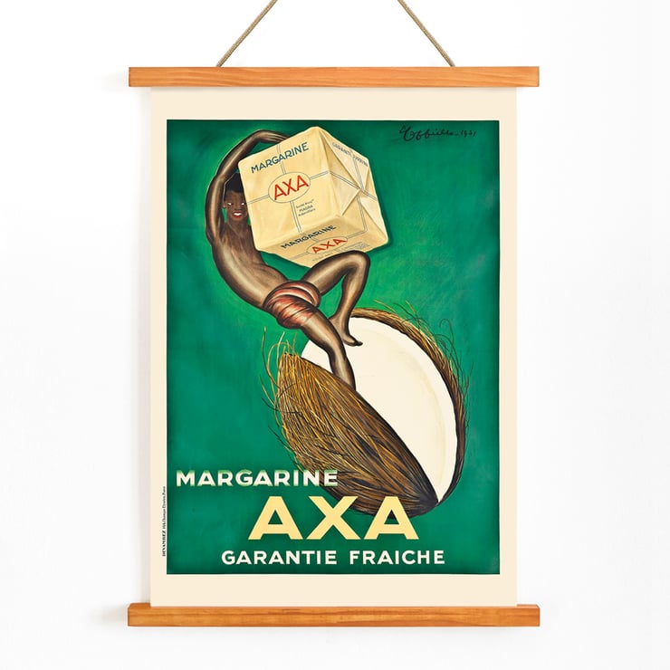 Margarine Axa by Leonetto Cappiello features a vibrant advertisement poster with a figure holding a large cube of margarine against a green background. Poster of Margarine Axa by Leonetto Cappiello featuring a person holding a large cube of Axa margarine on a green background.