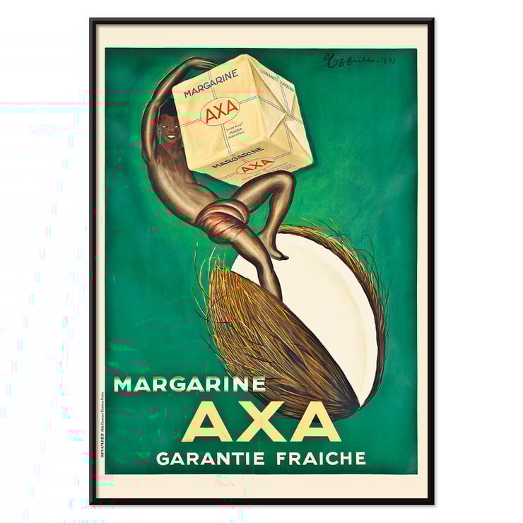 Margarine Axa by Leonetto Cappiello features a vibrant advertisement poster with a figure holding a large cube of margarine against a green background. Poster of Margarine Axa by Leonetto Cappiello featuring a person holding a large cube of Axa margarine on a green background.