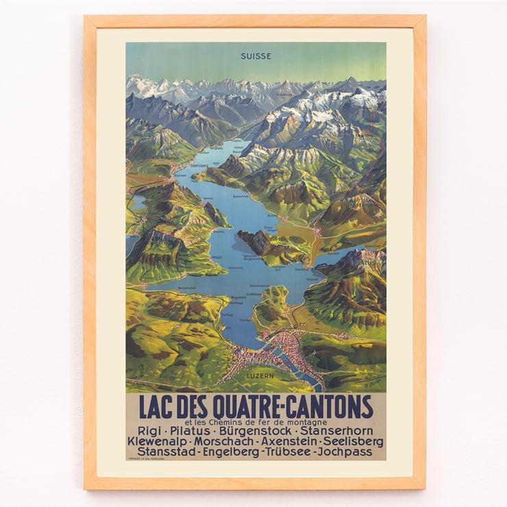 Colorful vintage map of Lake Lucerne region by Bieder M titled Lac Des Quatre-Cantons Poster of Lac Des Quatre-Cantons by Bieder M featuring a scenic map of a Swiss lake and surrounding mountains.