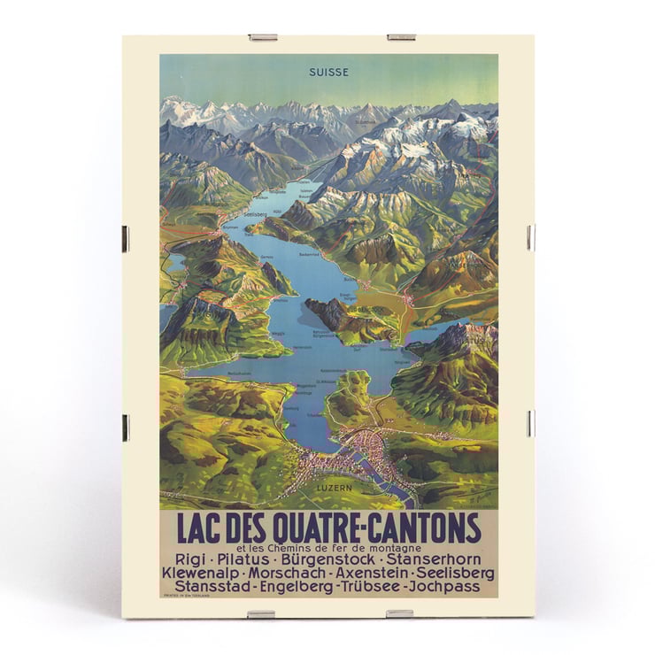 Colorful vintage map of Lake Lucerne region by Bieder M titled Lac Des Quatre-Cantons Poster of Lac Des Quatre-Cantons by Bieder M featuring a scenic map of a Swiss lake and surrounding mountains.