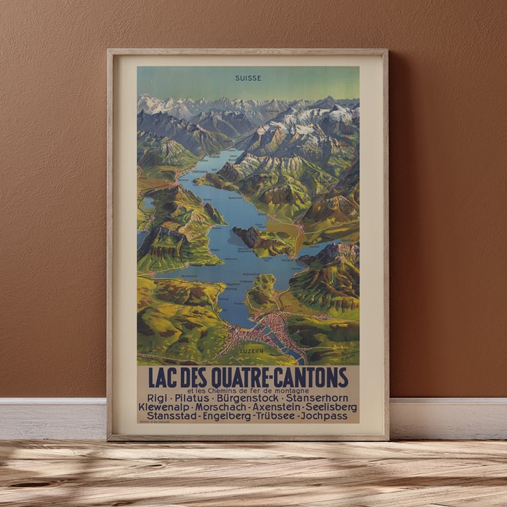 Colorful vintage map of Lake Lucerne region by Bieder M titled Lac Des Quatre-Cantons Poster of Lac Des Quatre-Cantons by Bieder M featuring a scenic map of a Swiss lake and surrounding mountains.