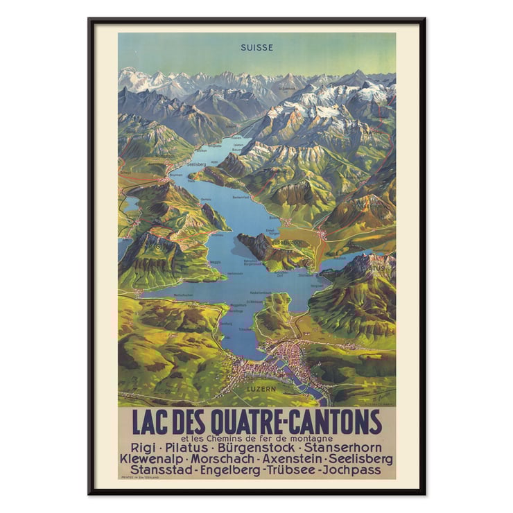 Colorful vintage map of Lake Lucerne region by Bieder M titled Lac Des Quatre-Cantons Poster of Lac Des Quatre-Cantons by Bieder M featuring a scenic map of a Swiss lake and surrounding mountains.