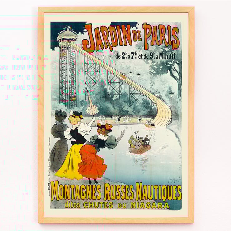 Montagnes Russes Nautiques Dites Chutes Du Niagara by Georges Meunier featuring a vintage amusement park scene with elegantly dressed women and a water ride. Poster of Montagnes Russes Nautiques Dites Chutes Du Niagara by Georges Meunier showing a water ride with people watching.