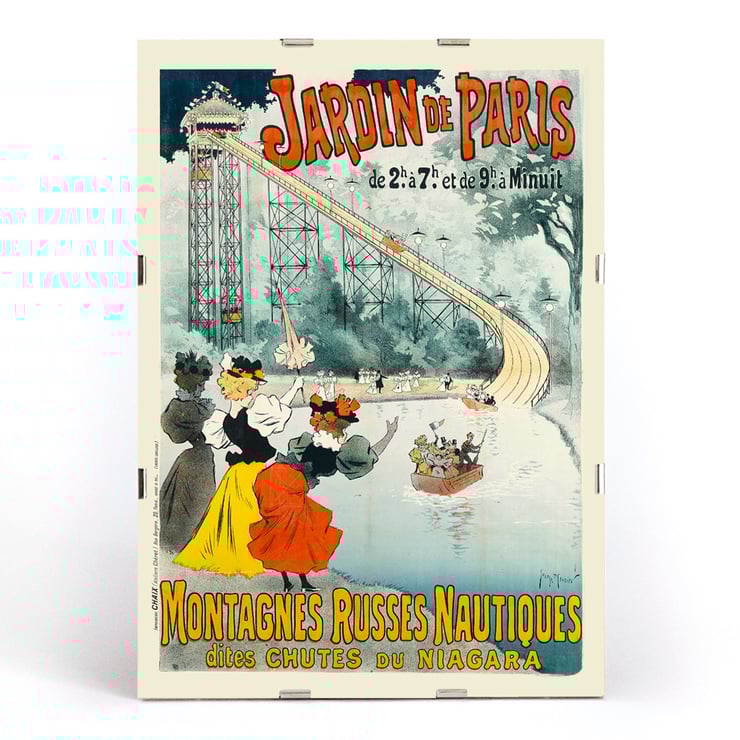 Montagnes Russes Nautiques Dites Chutes Du Niagara by Georges Meunier featuring a vintage amusement park scene with elegantly dressed women and a water ride. Poster of Montagnes Russes Nautiques Dites Chutes Du Niagara by Georges Meunier showing a water ride with people watching.