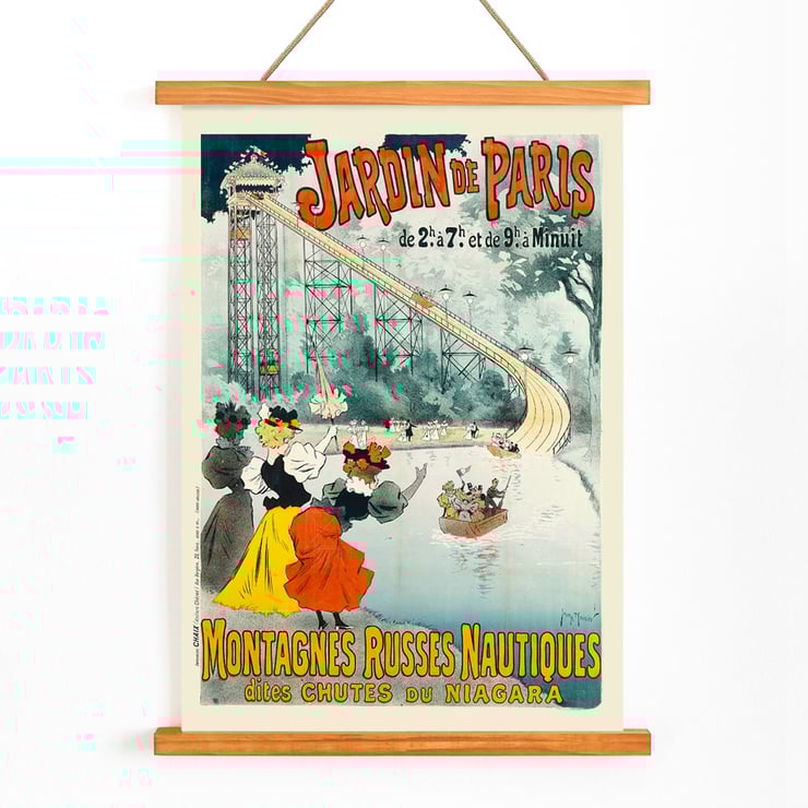 Montagnes Russes Nautiques Dites Chutes Du Niagara by Georges Meunier featuring a vintage amusement park scene with elegantly dressed women and a water ride. Poster of Montagnes Russes Nautiques Dites Chutes Du Niagara by Georges Meunier showing a water ride with people watching.