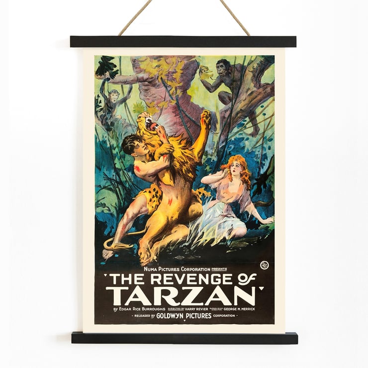 Poster art by Harry Revier featuring a dramatic jungle scene from The Revenge of Tarzan. Poster for The Revenge of Tarzan featuring jungle scene with Tarzan wrestling a lion and a woman watching with fright.