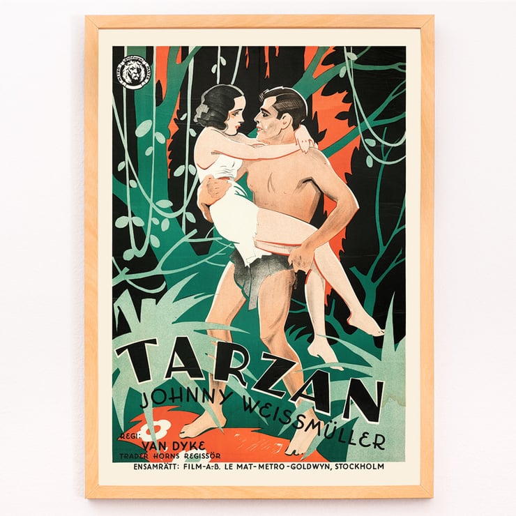 Tarzan the Ape Man by Eric Rohman classic movie poster with jungle scene and characters. Poster of Tarzan the Ape Man by Eric Rohman showing a jungle scene with Tarzan carrying a woman in his arms.