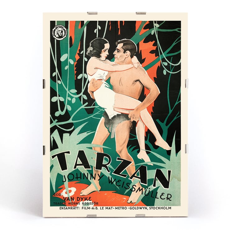 Tarzan the Ape Man by Eric Rohman classic movie poster with jungle scene and characters. Poster of Tarzan the Ape Man by Eric Rohman showing a jungle scene with Tarzan carrying a woman in his arms.