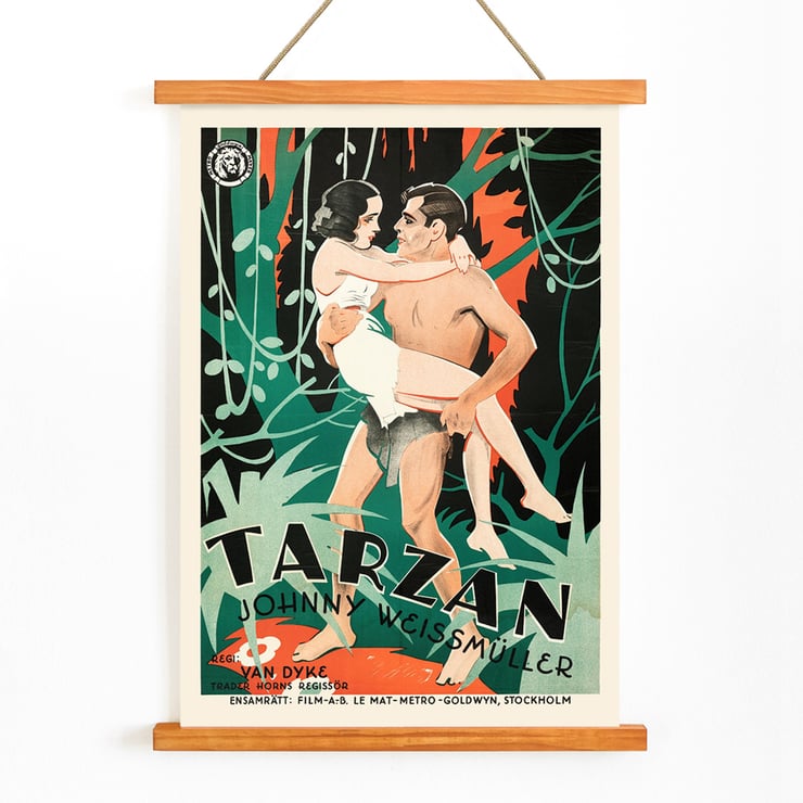 Tarzan the Ape Man by Eric Rohman classic movie poster with jungle scene and characters. Poster of Tarzan the Ape Man by Eric Rohman showing a jungle scene with Tarzan carrying a woman in his arms.
