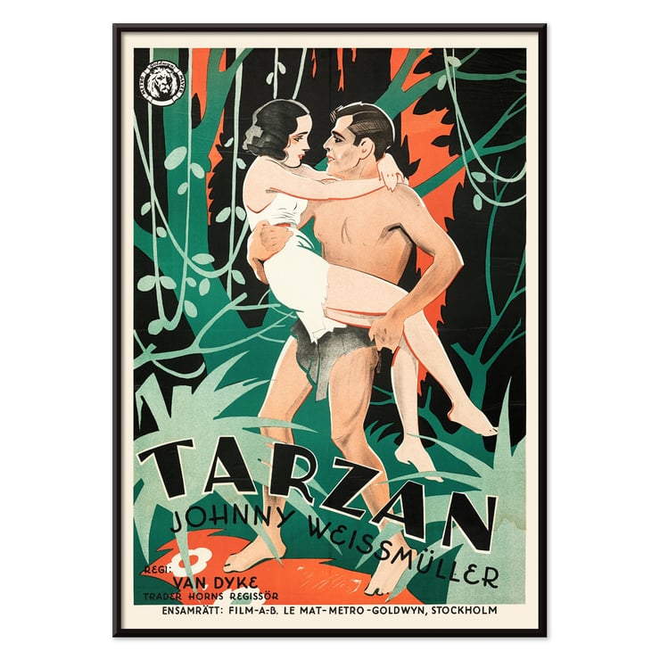 Tarzan the Ape Man by Eric Rohman classic movie poster with jungle scene and characters. Poster of Tarzan the Ape Man by Eric Rohman showing a jungle scene with Tarzan carrying a woman in his arms.